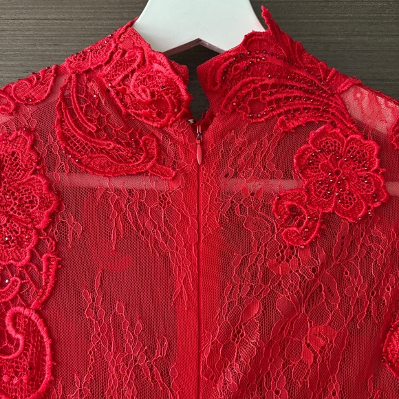 Custom Made Chinese Qipao Wedding Cheongsam Red Lace Beaded Full-length Dress - Picture 5 of 13